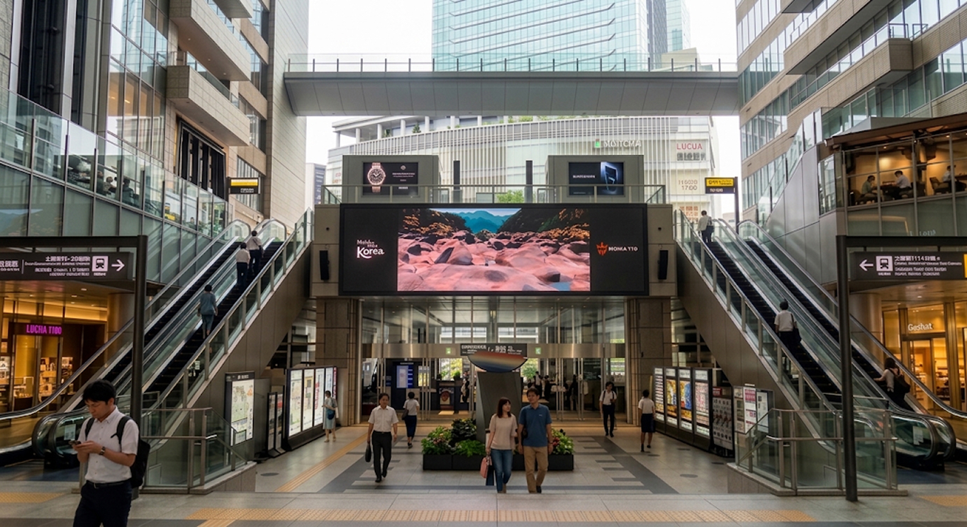 Korea Tourism ad on a large LED screen above a transit station entrance in Japan