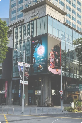 Corner LED screen on a commercial building in Singapore